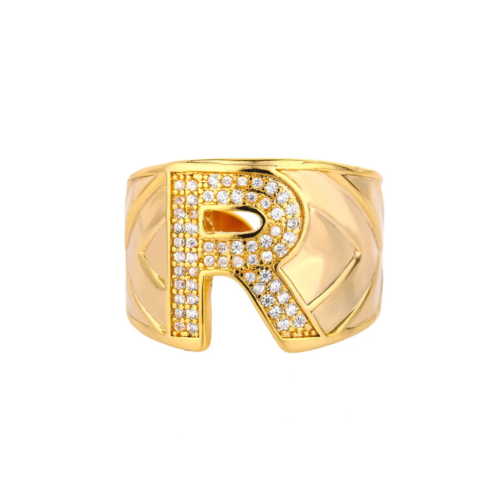 Custom Chunky Wide Zircon Initial Letters Hip Hop Ring for Women - Gold Plated