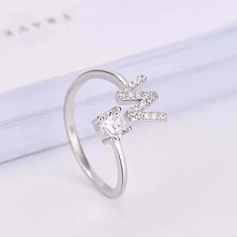 Custom Adjustable Crystal A-Z Alphabet Letters Creative Ring for Women