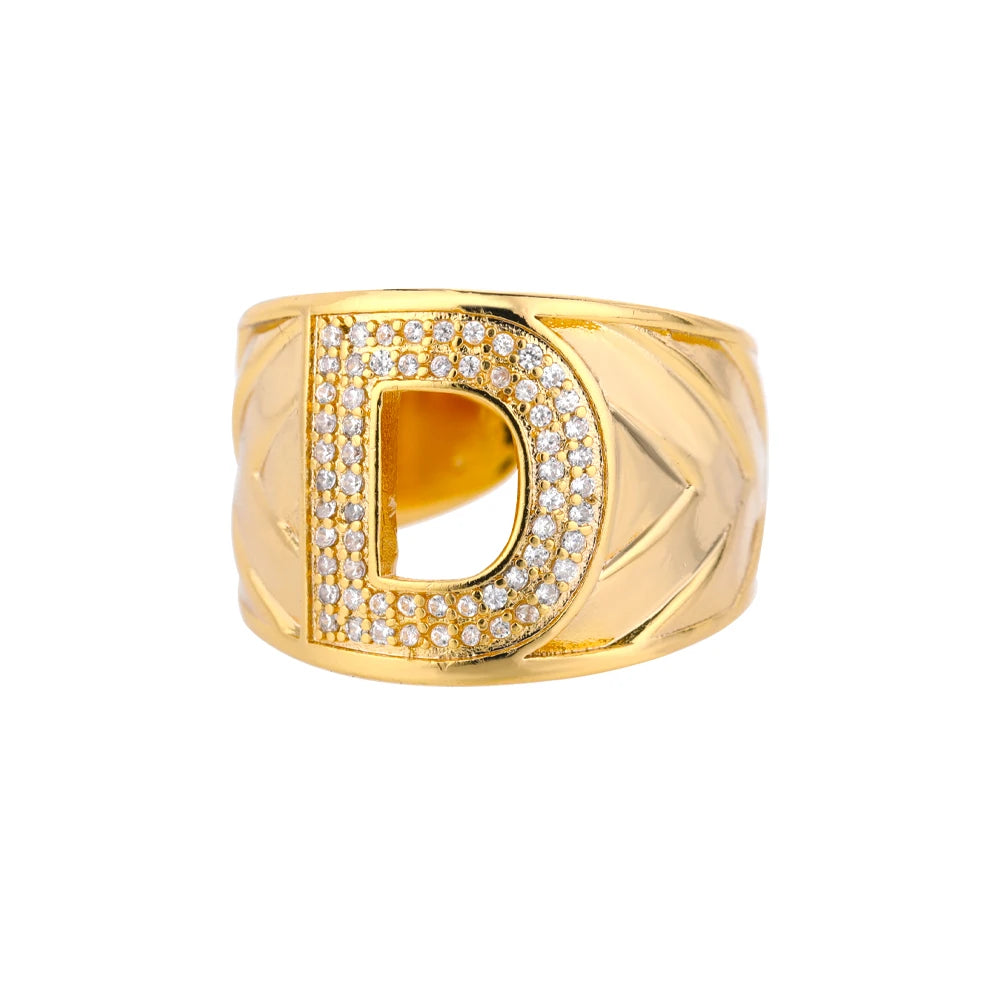 Custom Chunky Wide Zircon Initial Letters Hip Hop Ring for Women - Gold Plated