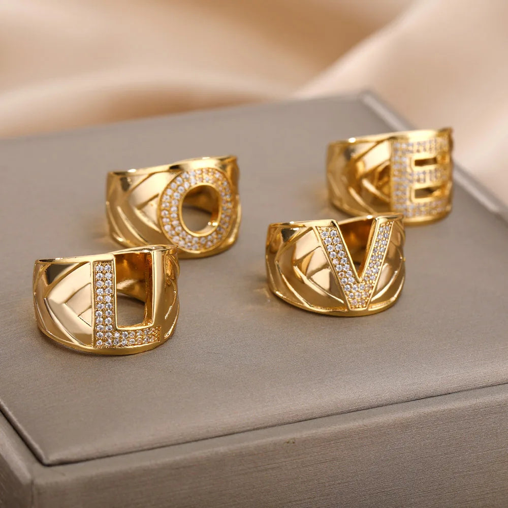 Custom Chunky Wide Zircon Initial Letters Hip Hop Ring for Women - Gold Plated