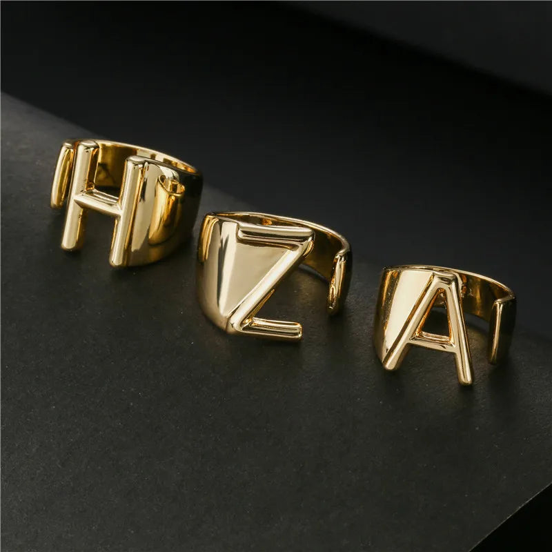 Hollow A-Z Letter Adjustable Opening Ring For Women – Gold Plated