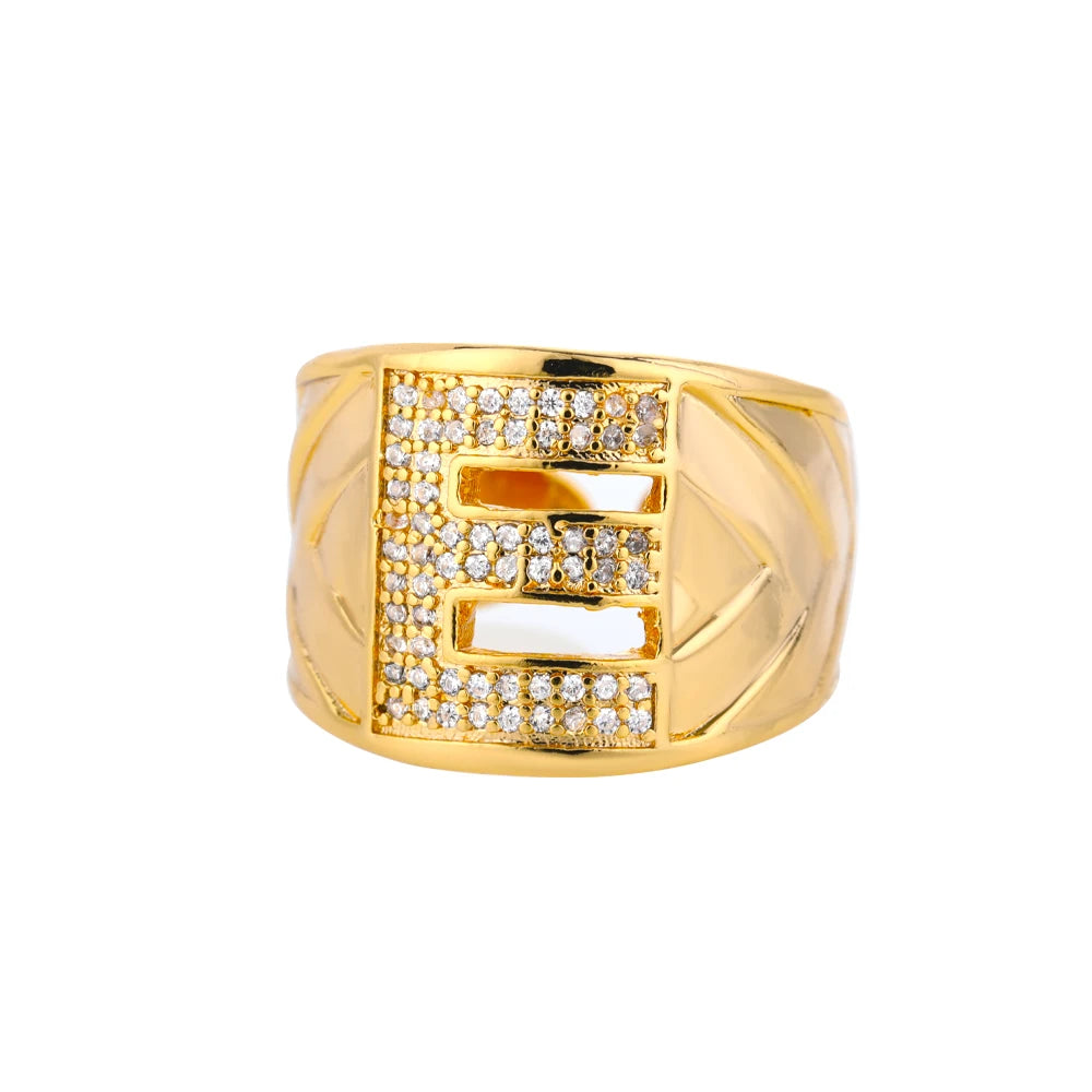 Custom Chunky Wide Zircon Initial Letters Hip Hop Ring for Women - Gold Plated