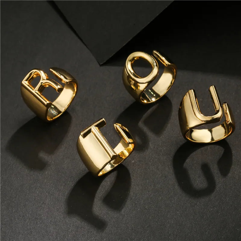 Hollow A-Z Letter Adjustable Opening Ring For Women – Gold Plated