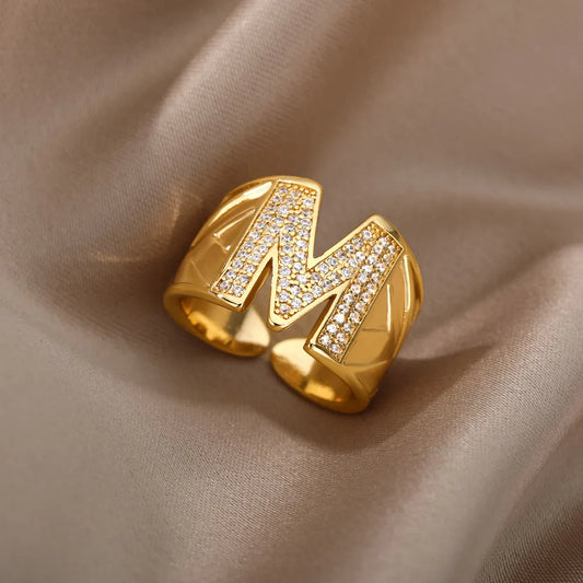 Custom Chunky Wide Zircon Initial Letters Hip Hop Ring for Women - Gold Plated