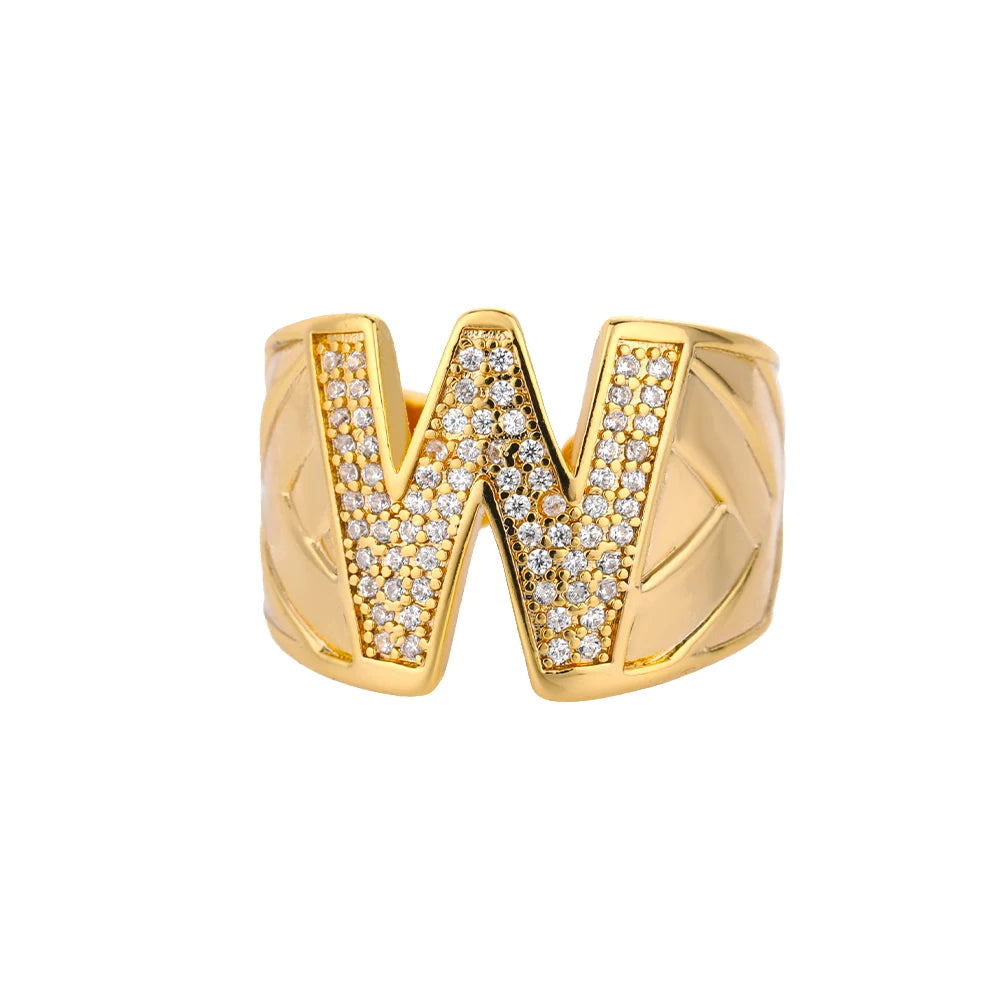 Custom Chunky Wide Zircon Initial Letters Hip Hop Ring for Women - Gold Plated