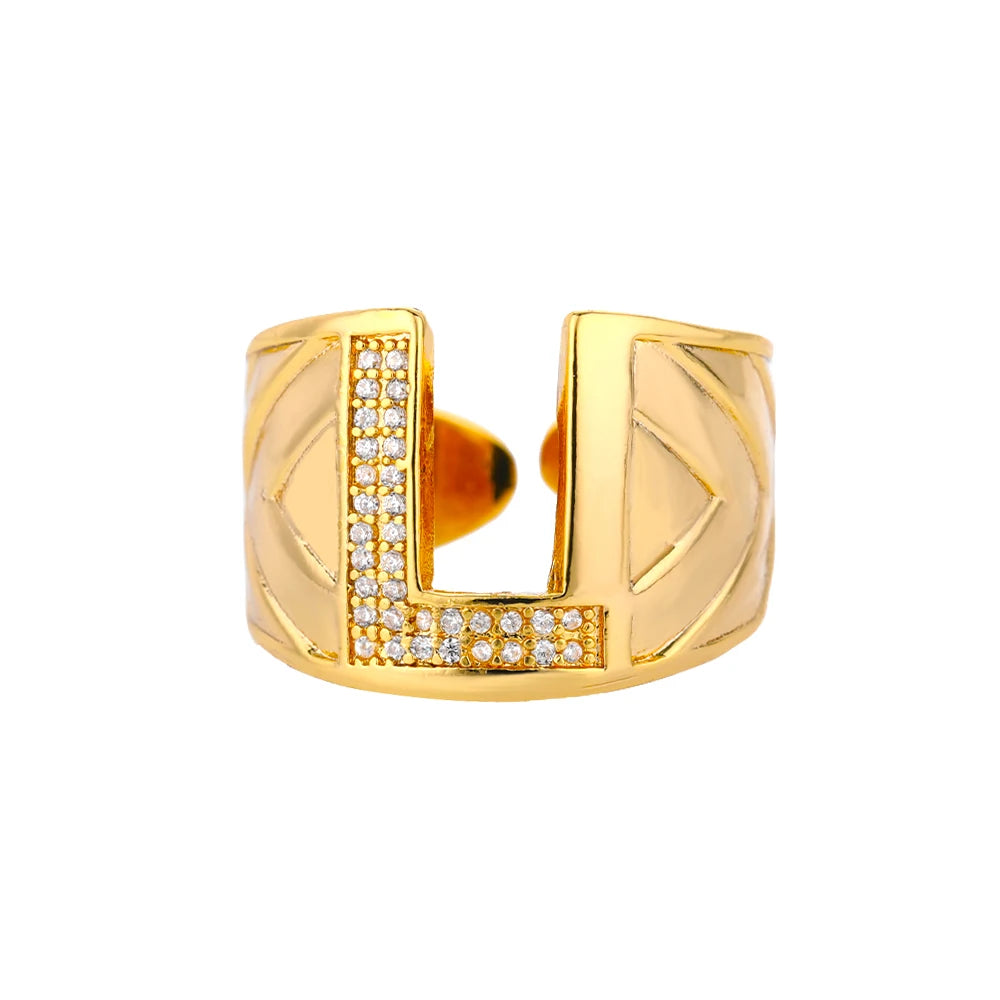 Custom Chunky Wide Zircon Initial Letters Hip Hop Ring for Women - Gold Plated