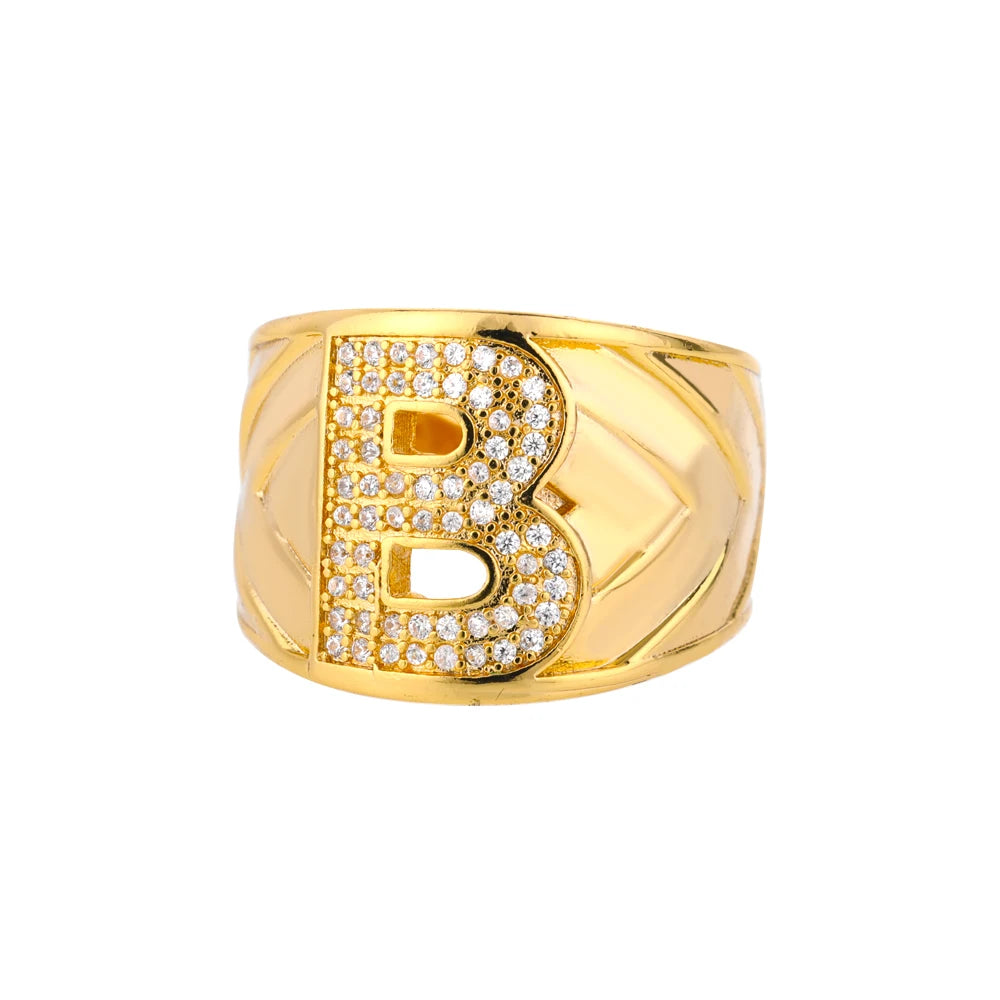 Custom Chunky Wide Zircon Initial Letters Hip Hop Ring for Women - Gold Plated