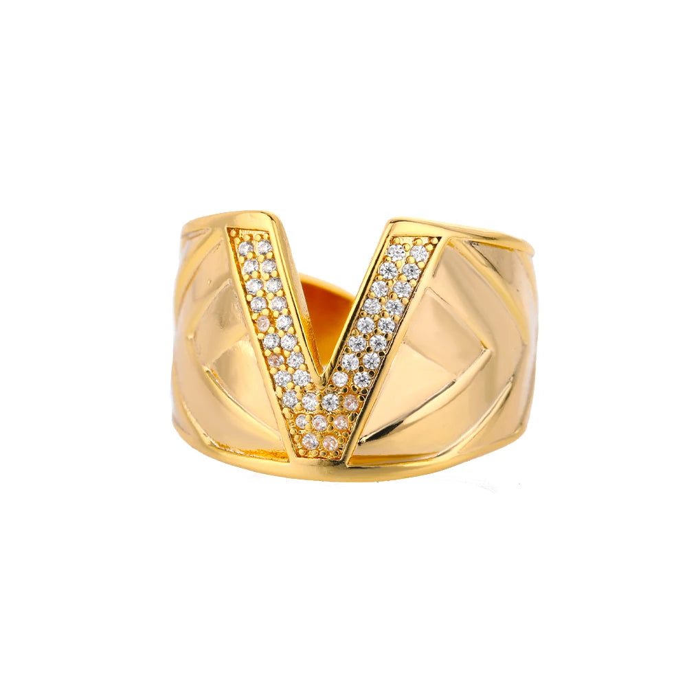 Custom Chunky Wide Zircon Initial Letters Hip Hop Ring for Women - Gold Plated