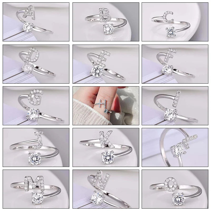 Custom Adjustable Crystal A-Z Alphabet Letters Creative Ring for Women