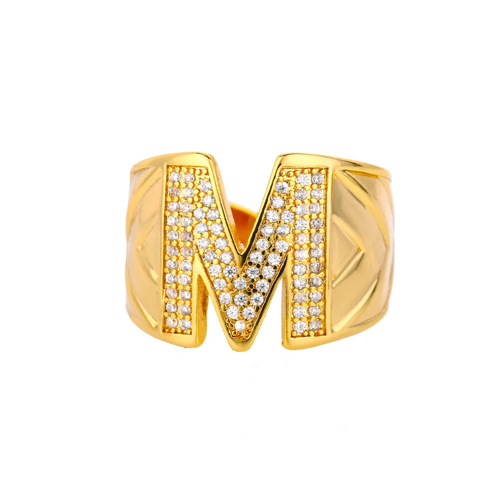 Custom Chunky Wide Zircon Initial Letters Hip Hop Ring for Women - Gold Plated