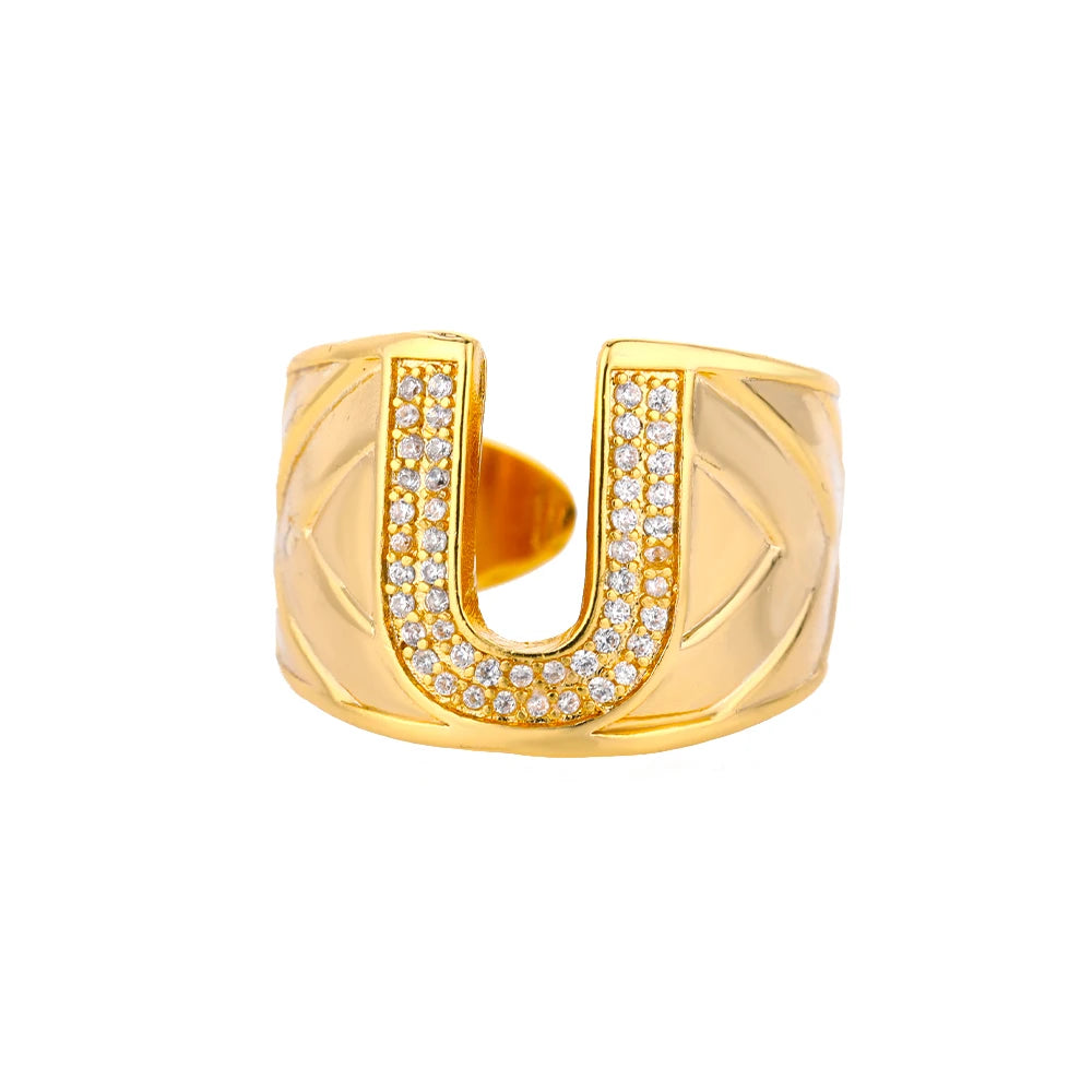 Custom Chunky Wide Zircon Initial Letters Hip Hop Ring for Women - Gold Plated