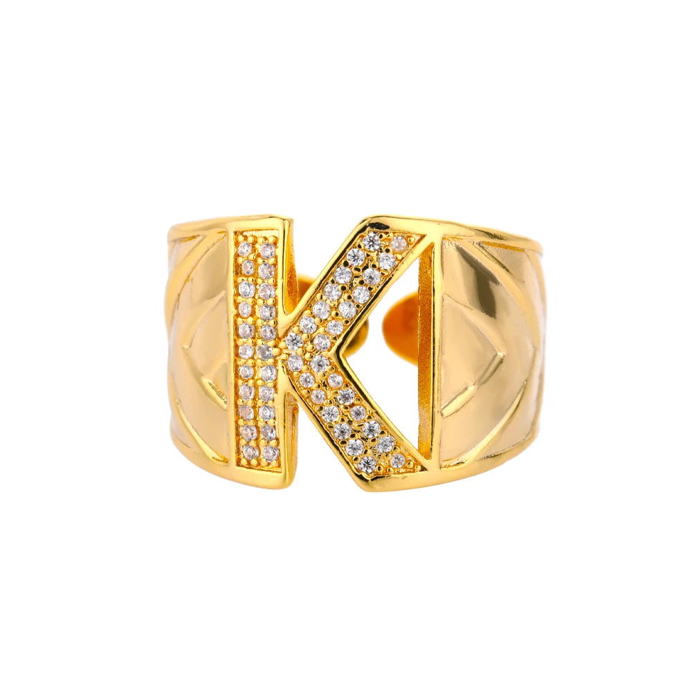 Custom Chunky Wide Zircon Initial Letters Hip Hop Ring for Women - Gold Plated