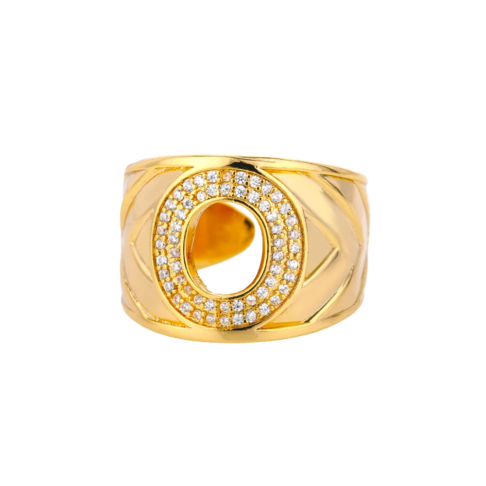 Custom Chunky Wide Zircon Initial Letters Hip Hop Ring for Women - Gold Plated