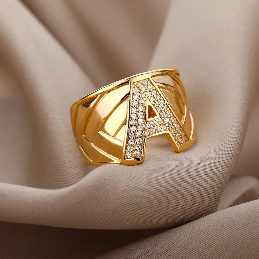 Custom Chunky Wide Zircon Initial Letters Hip Hop Ring for Women - Gold Plated