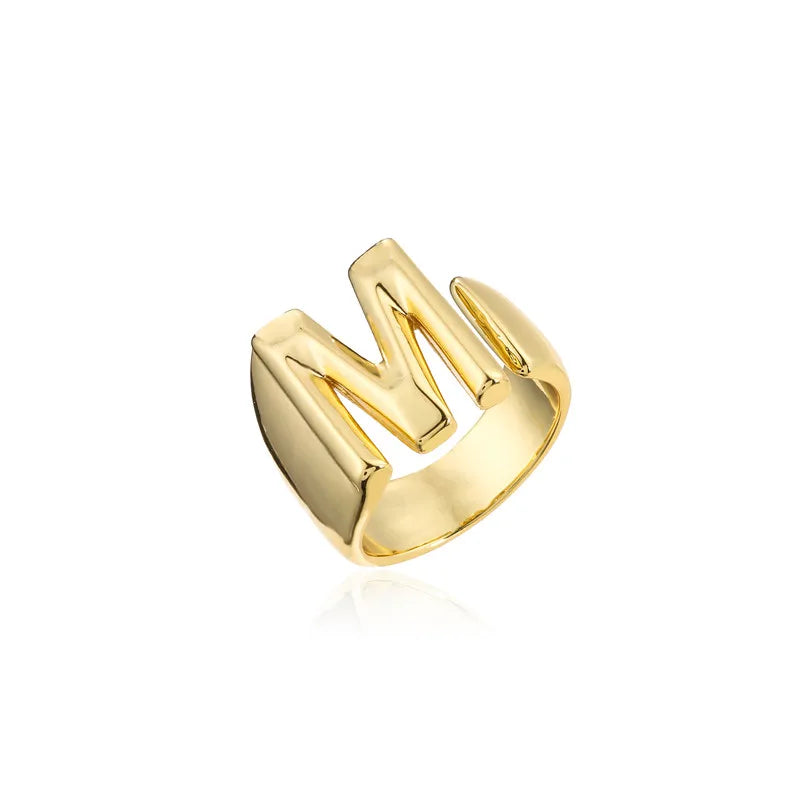 Hollow A-Z Letter Adjustable Opening Ring For Women – Gold Plated