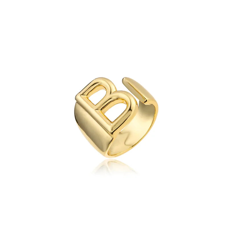 Hollow A-Z Letter Adjustable Opening Ring For Women – Gold Plated