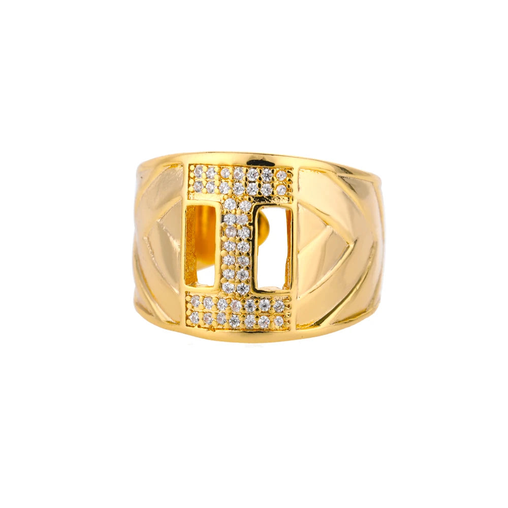 Custom Chunky Wide Zircon Initial Letters Hip Hop Ring for Women - Gold Plated