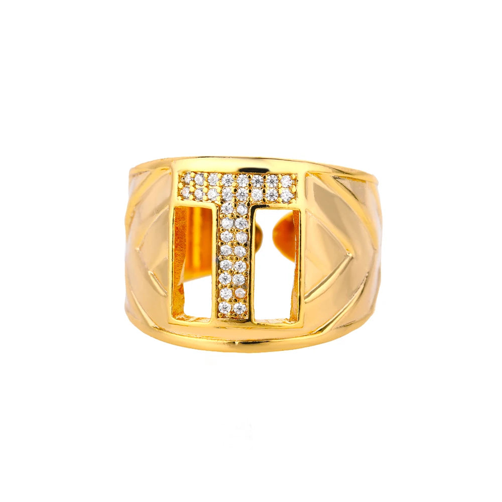 Custom Chunky Wide Zircon Initial Letters Hip Hop Ring for Women - Gold Plated