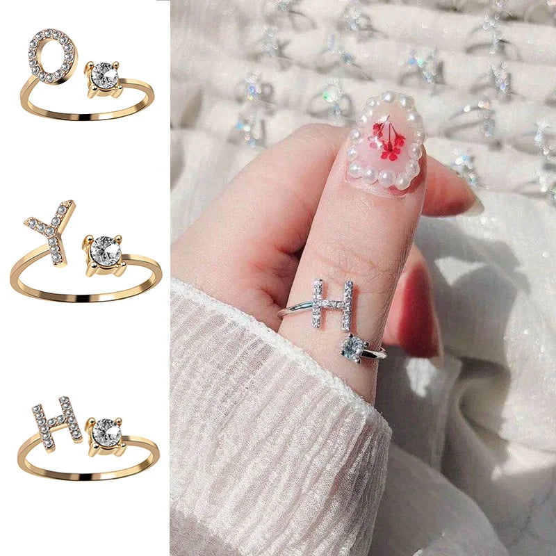 Custom Adjustable Crystal A-Z Alphabet Letters Creative Ring for Women