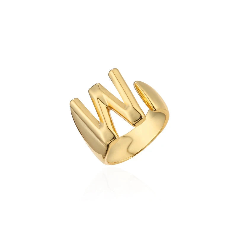 Hollow A-Z Letter Adjustable Opening Ring For Women – Gold Plated