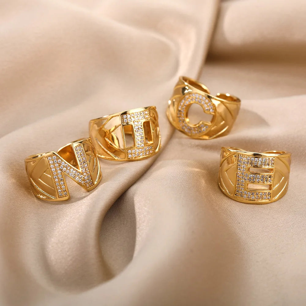 Custom Chunky Wide Zircon Initial Letters Hip Hop Ring for Women - Gold Plated