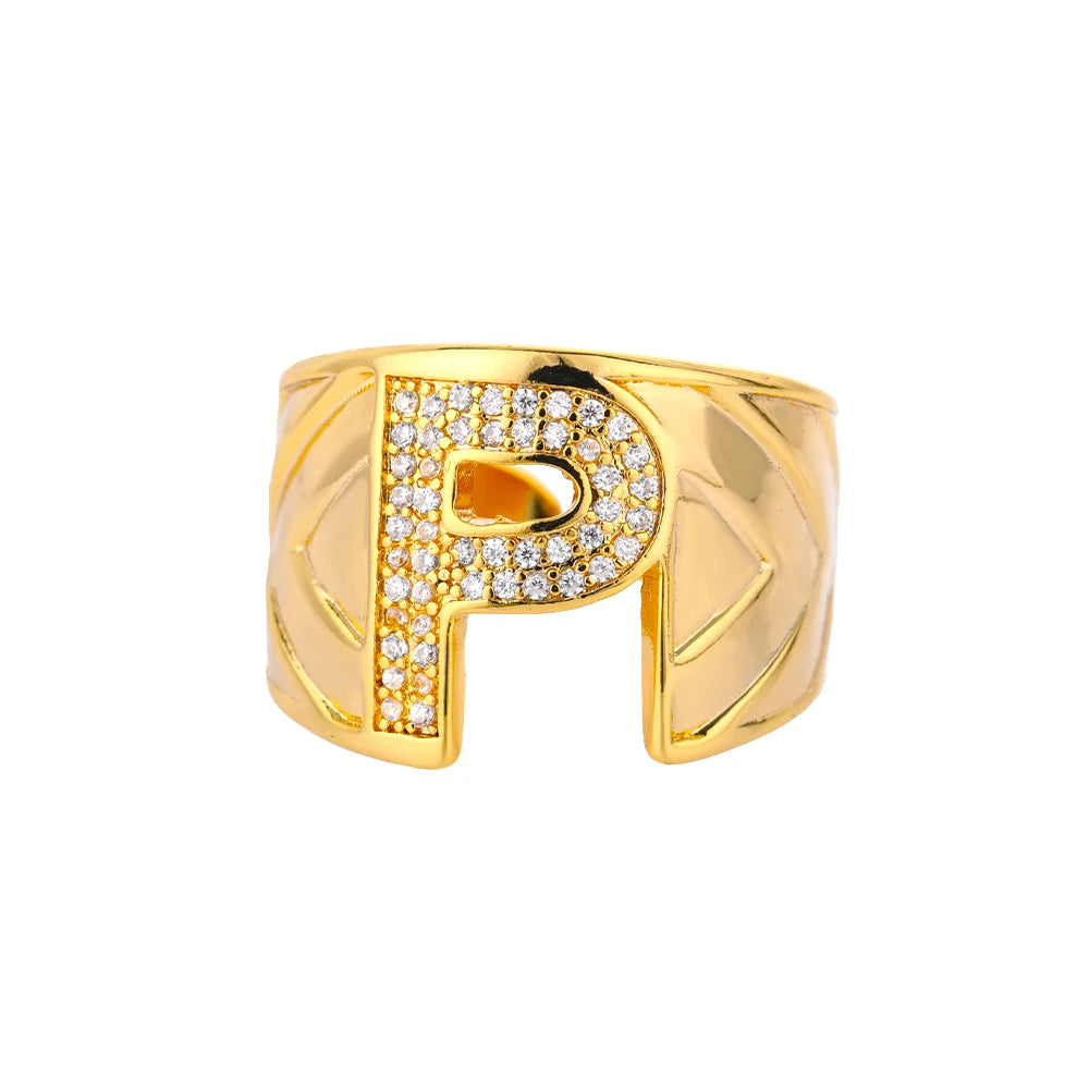 Custom Chunky Wide Zircon Initial Letters Hip Hop Ring for Women - Gold Plated