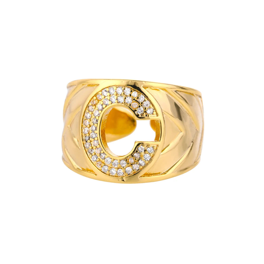 Custom Chunky Wide Zircon Initial Letters Hip Hop Ring for Women - Gold Plated