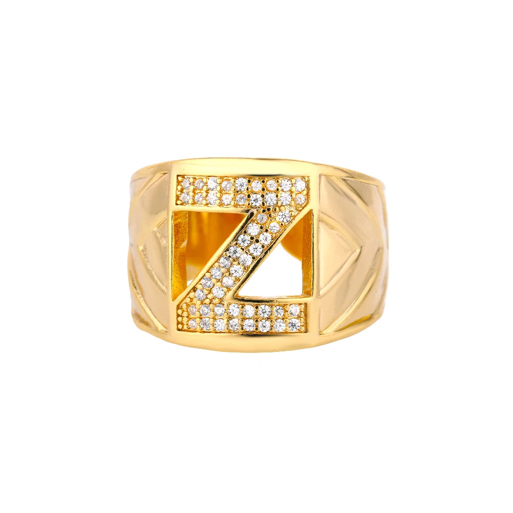 Custom Chunky Wide Zircon Initial Letters Hip Hop Ring for Women - Gold Plated