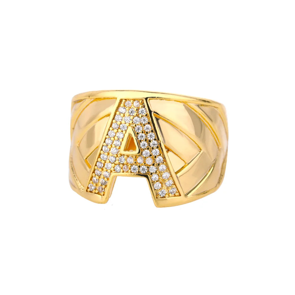 Custom Chunky Wide Zircon Initial Letters Hip Hop Ring for Women - Gold Plated