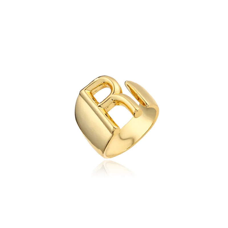 Hollow A-Z Letter Adjustable Opening Ring For Women – Gold Plated