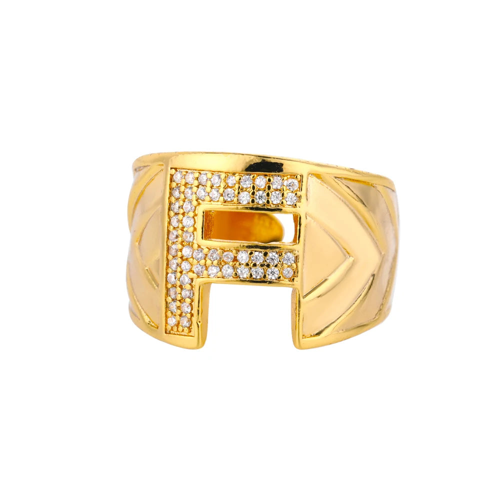 Custom Chunky Wide Zircon Initial Letters Hip Hop Ring for Women - Gold Plated