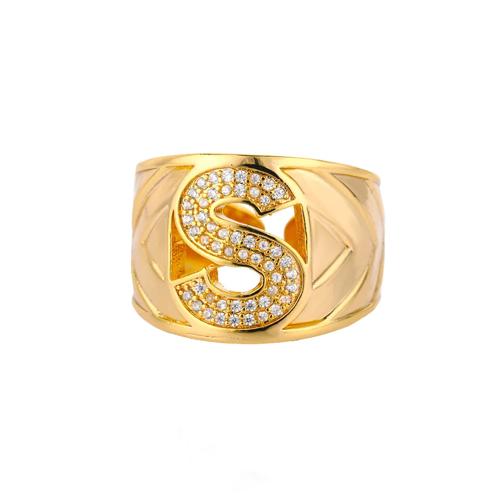 Custom Chunky Wide Zircon Initial Letters Hip Hop Ring for Women - Gold Plated