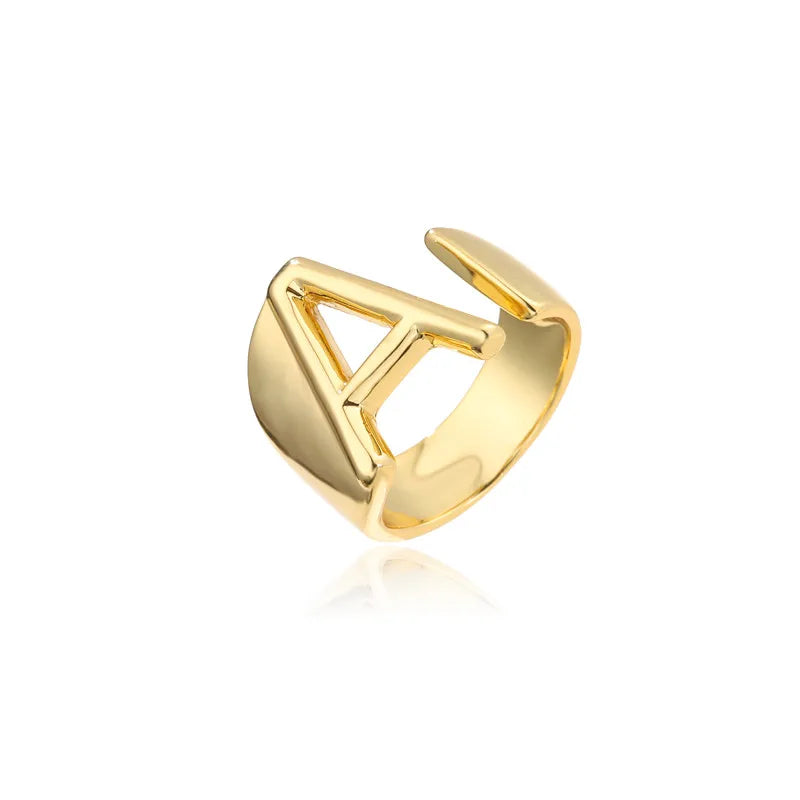 Hollow A-Z Letter Adjustable Opening Ring For Women – Gold Plated