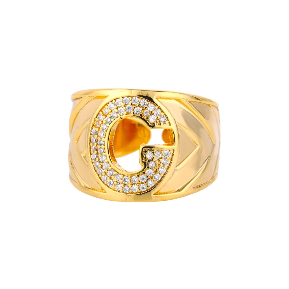 Custom Chunky Wide Zircon Initial Letters Hip Hop Ring for Women - Gold Plated