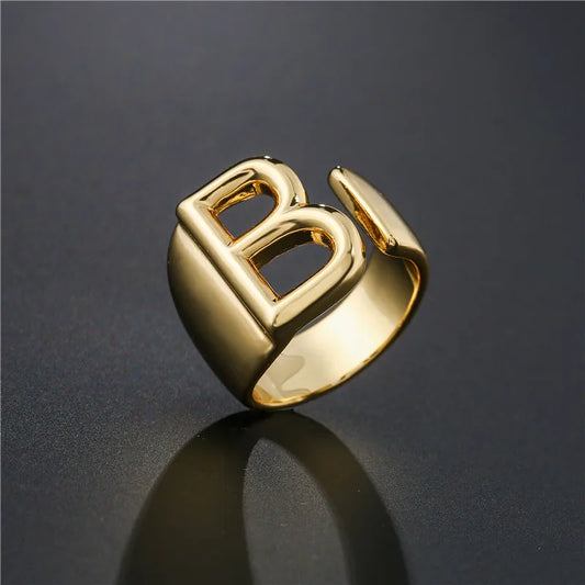 Hollow A-Z Letter Adjustable Opening Ring For Women – Gold Plated