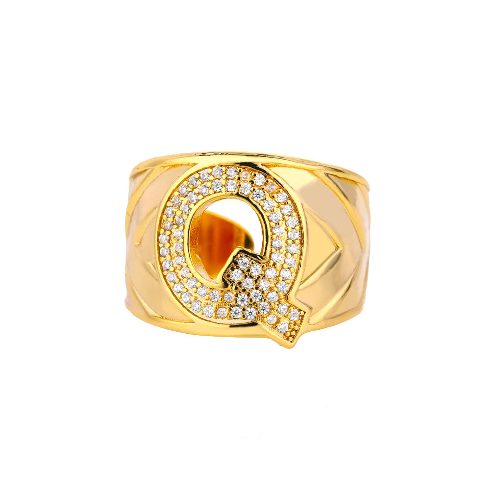 Custom Chunky Wide Zircon Initial Letters Hip Hop Ring for Women - Gold Plated