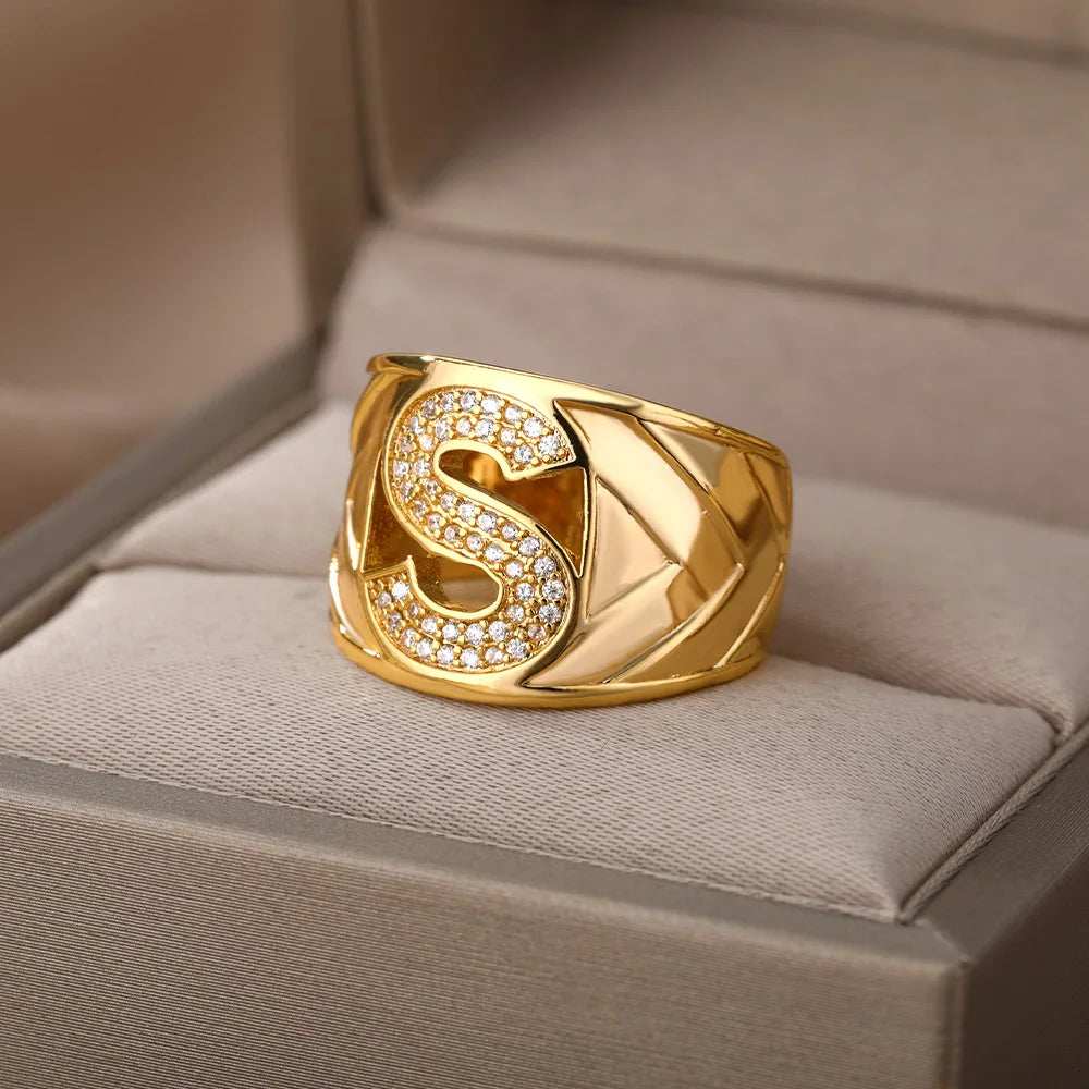 Custom Chunky Wide Zircon Initial Letters Hip Hop Ring for Women - Gold Plated