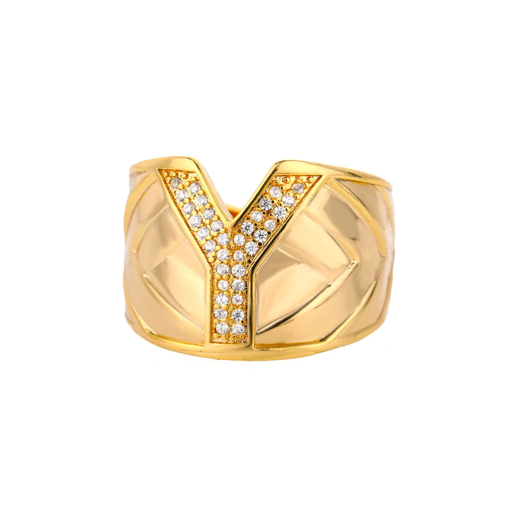 Custom Chunky Wide Zircon Initial Letters Hip Hop Ring for Women - Gold Plated