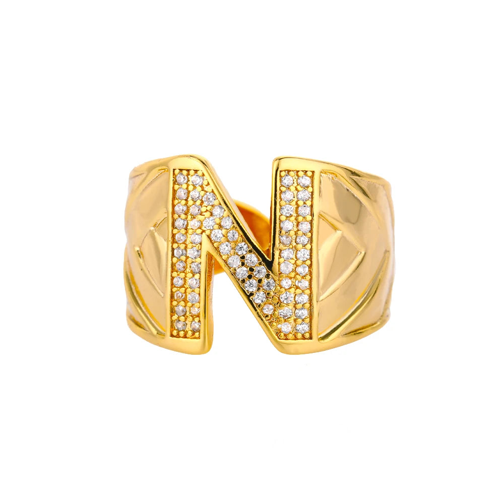 Custom Chunky Wide Zircon Initial Letters Hip Hop Ring for Women - Gold Plated