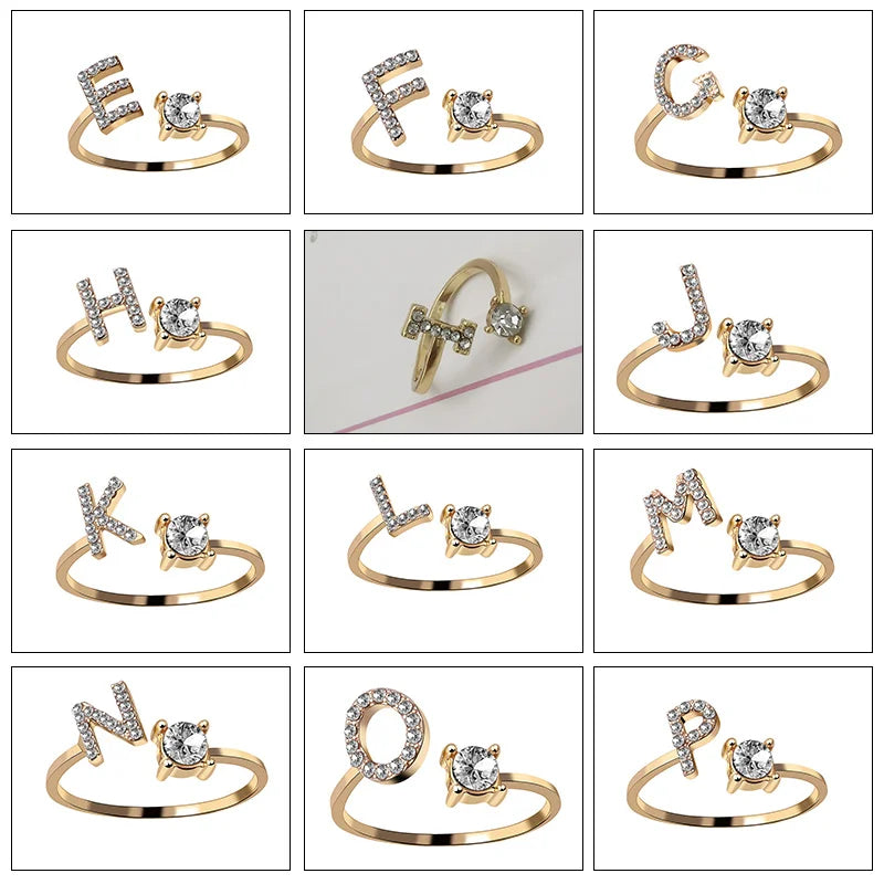 Custom Adjustable Crystal A-Z Alphabet Letters Creative Ring for Women