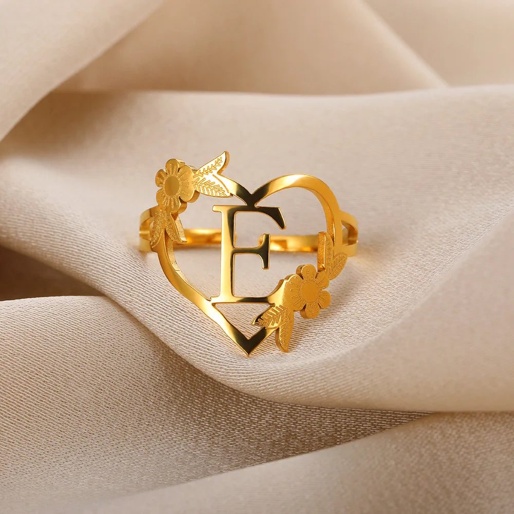 Custom Initials Letter Heart and Flowers Rings For Women - Gold Plated