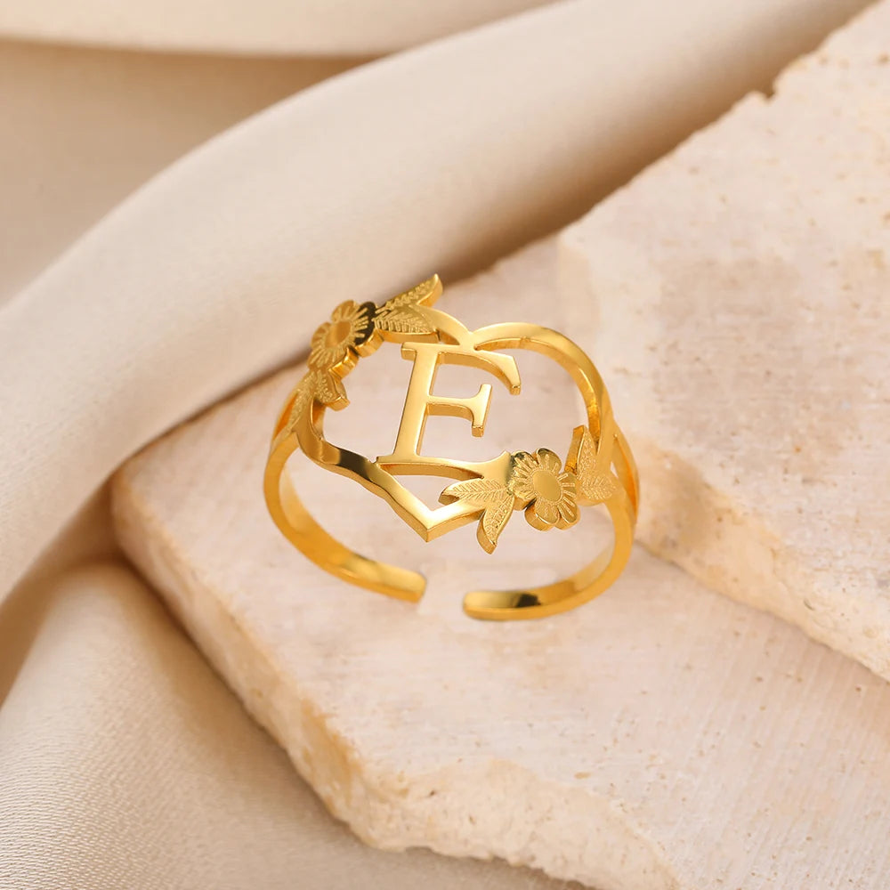 Custom Initials Letter Heart and Flowers Rings For Women - Gold Plated