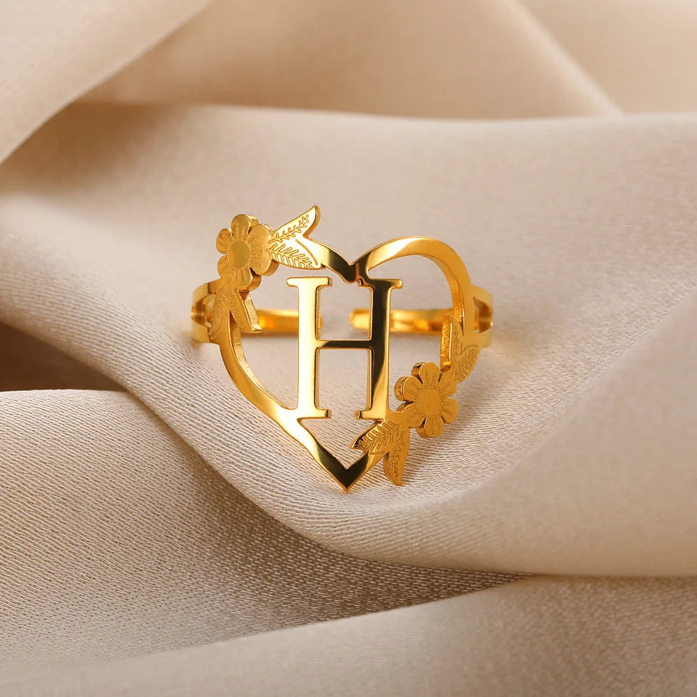 Custom Initials Letter Heart and Flowers Rings For Women - Gold Plated