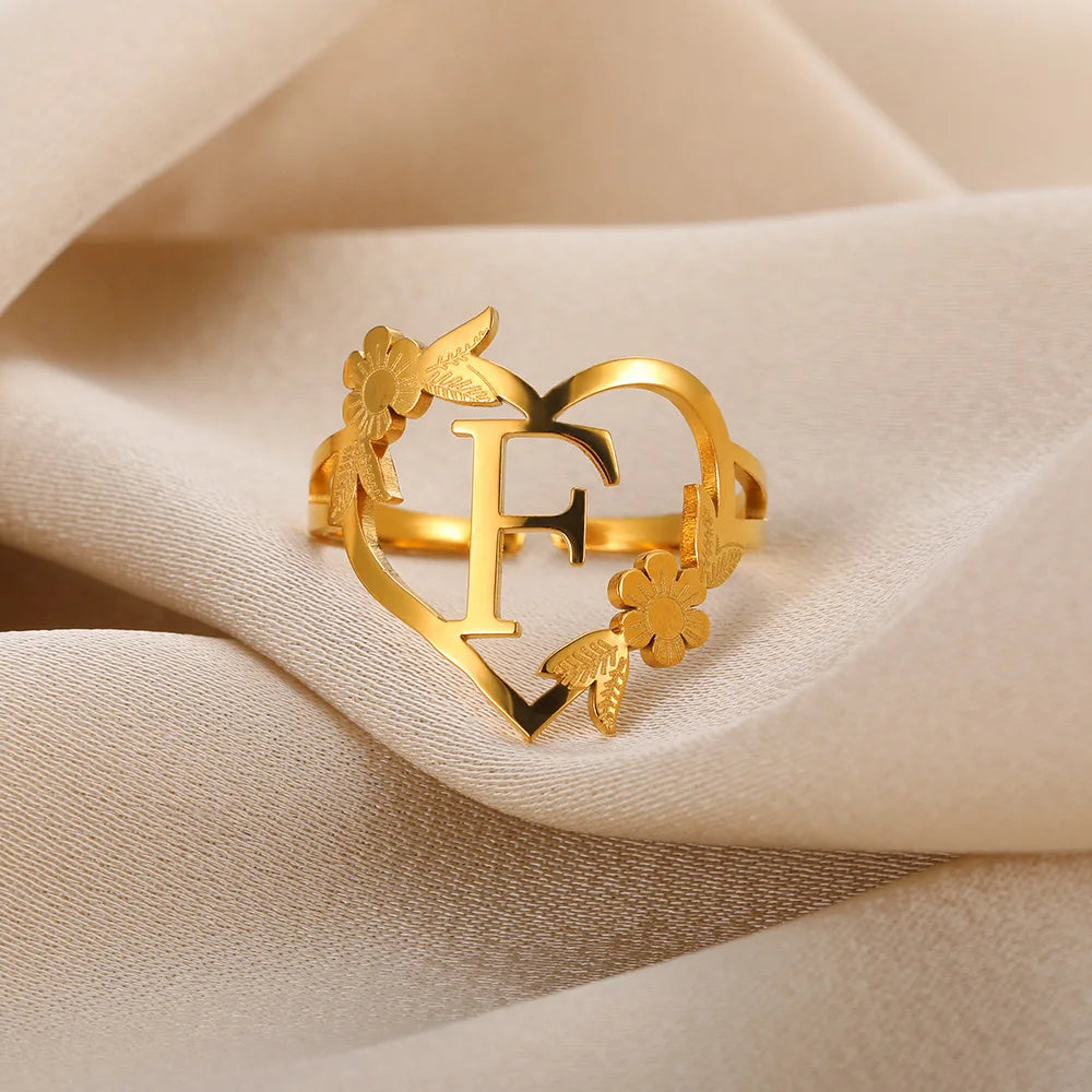 Custom Initials Letter Heart and Flowers Rings For Women - Gold Plated