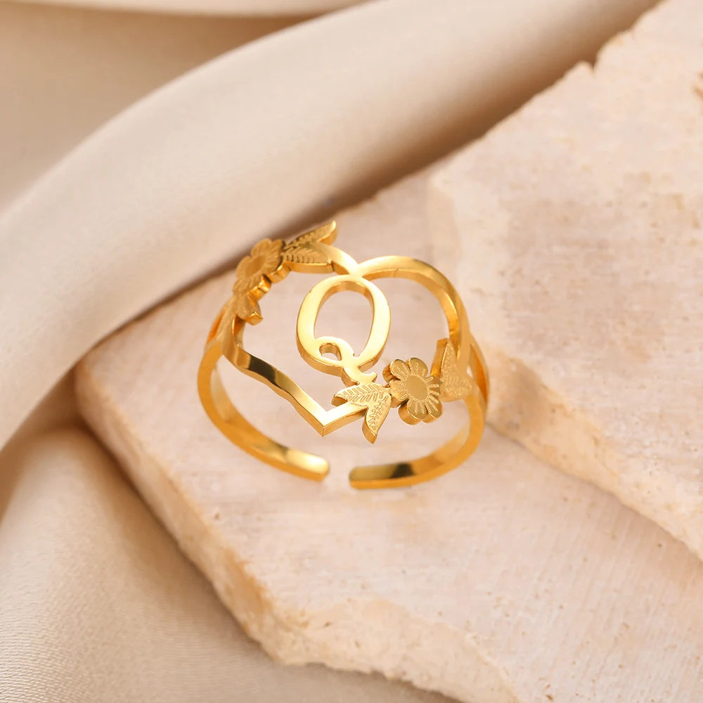 Custom Initials Letter Heart and Flowers Rings For Women - Gold Plated