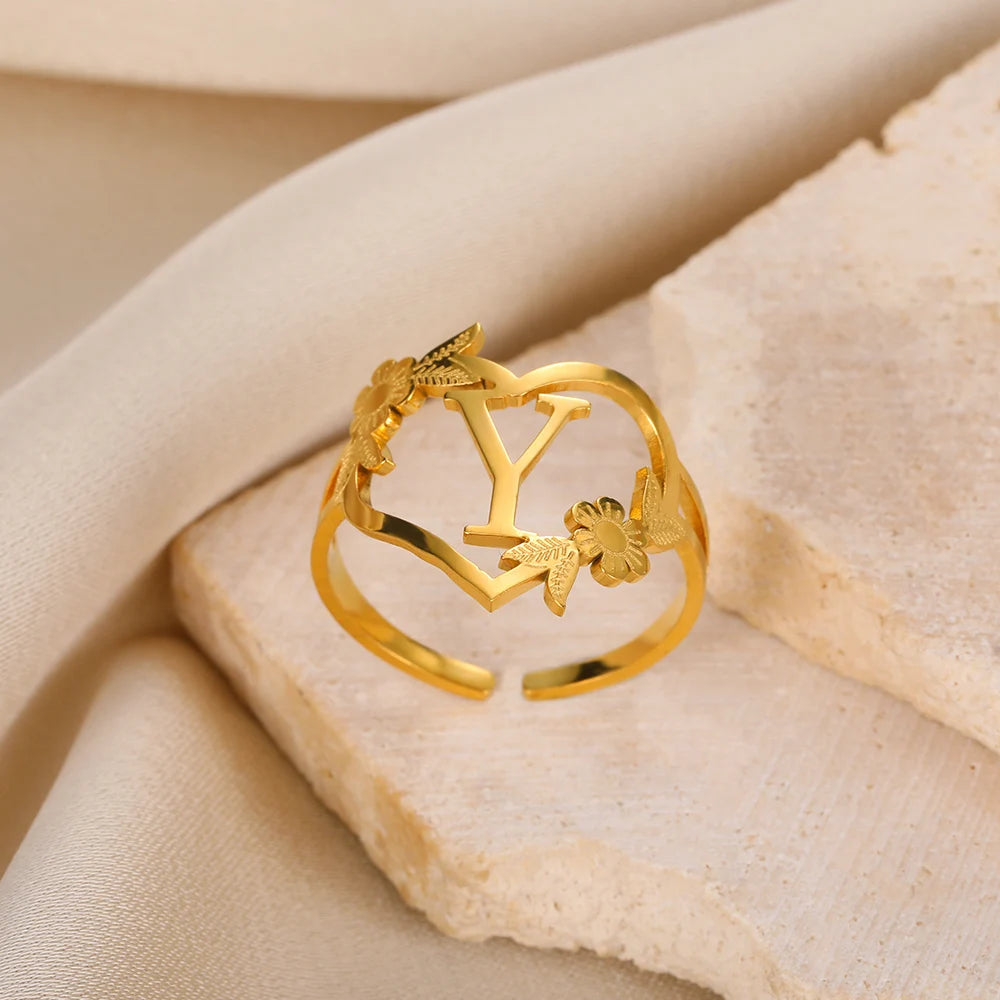 Custom Initials Letter Heart and Flowers Rings For Women - Gold Plated