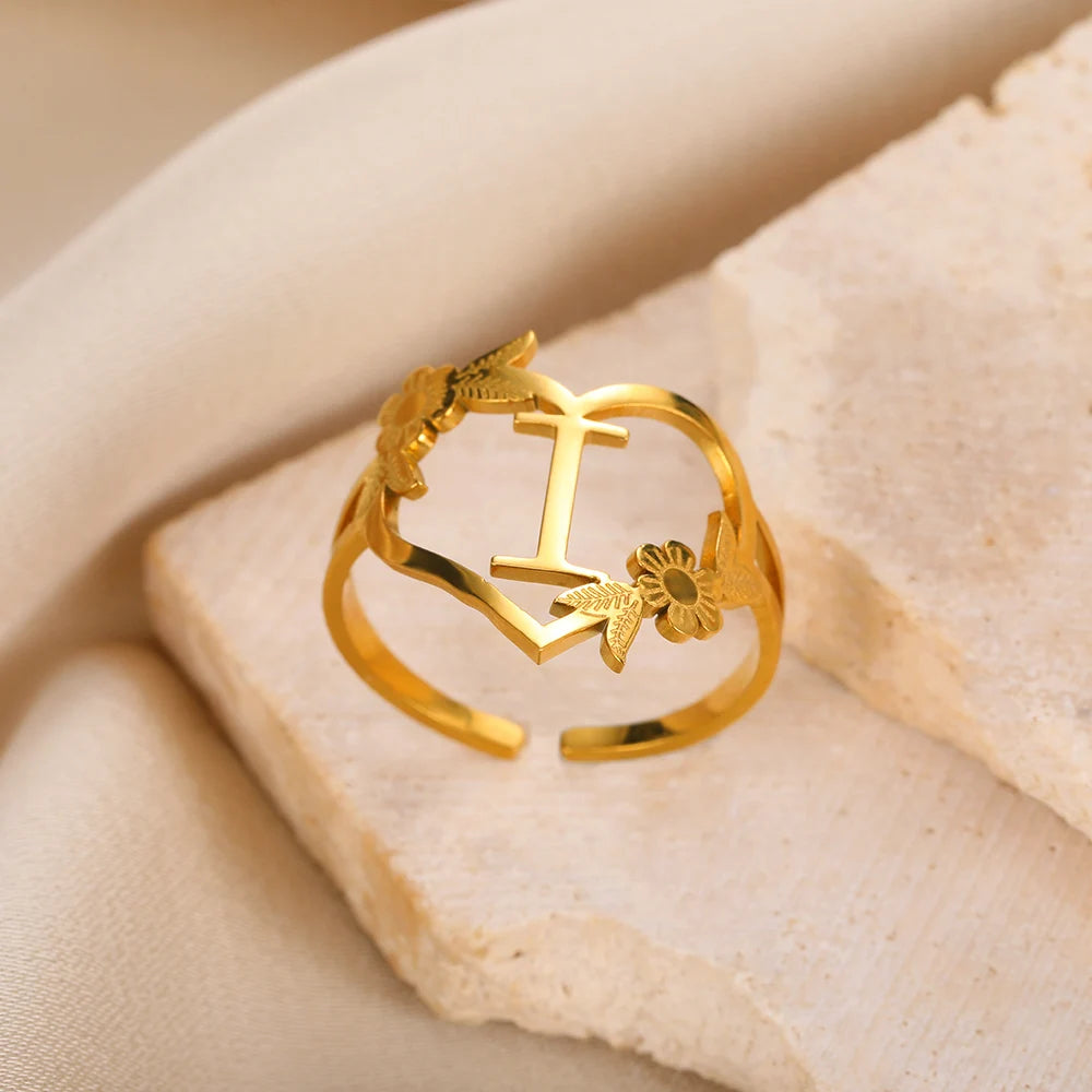 Custom Initials Letter Heart and Flowers Rings For Women - Gold Plated