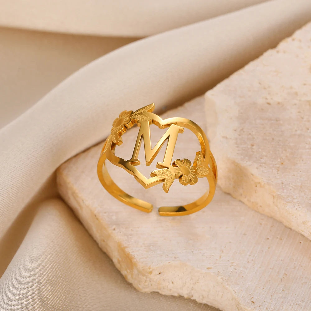 Custom Initials Letter Heart and Flowers Rings For Women - Gold Plated