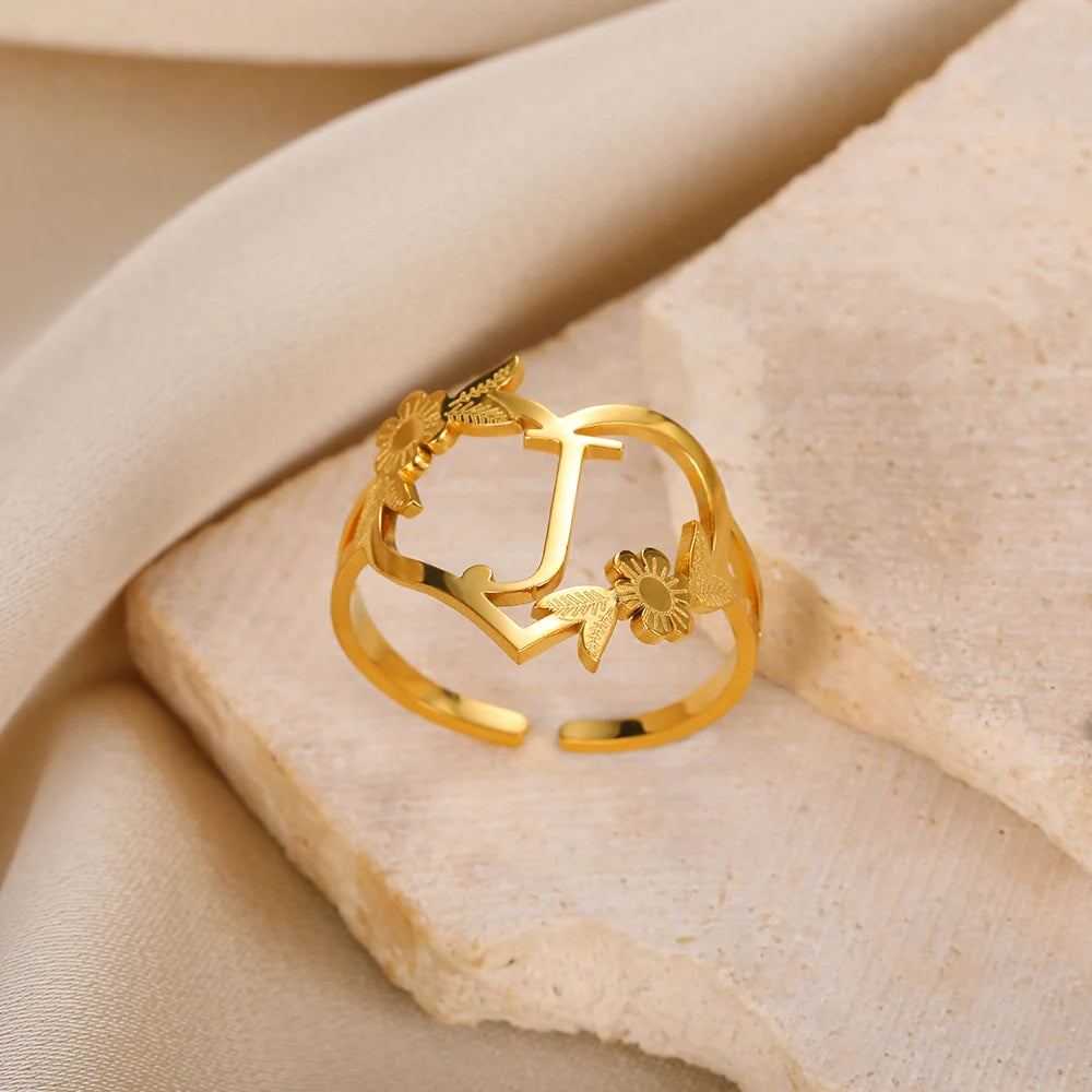 Custom Initials Letter Heart and Flowers Rings For Women - Gold Plated