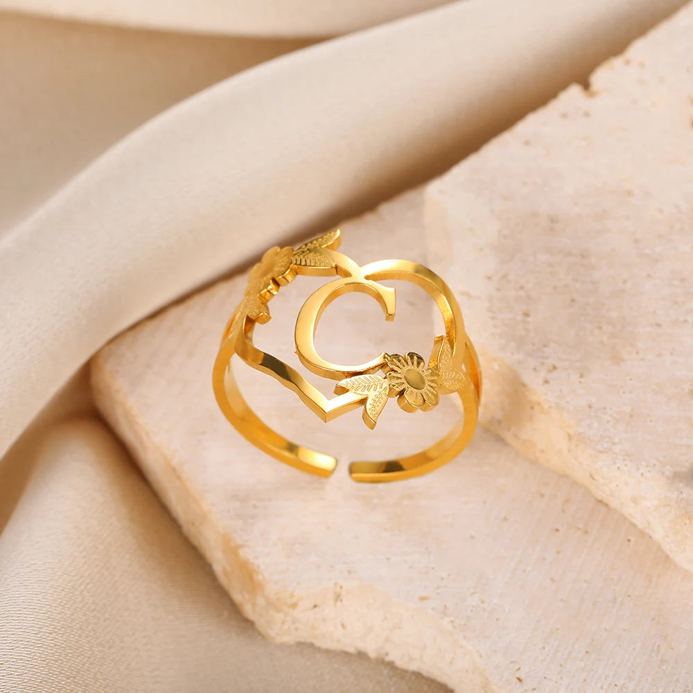 Custom Initials Letter Heart and Flowers Rings For Women - Gold Plated